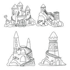 Set Sand castle Vector illustration isolated on white background. Simple illustration for coloring book