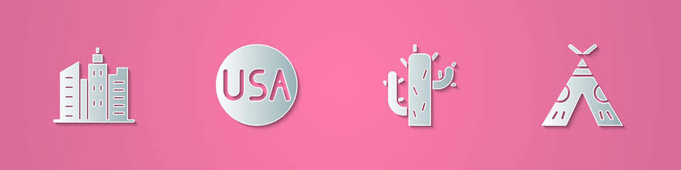 Set paper cut City landscape, USA label, Cactus and Indian teepee or wigwam icon. Paper art style. Vector © Kostiantyn