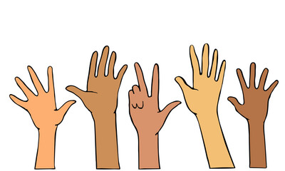 Hands up in different skin colors, multiculturalism. Vector isolated illustration 