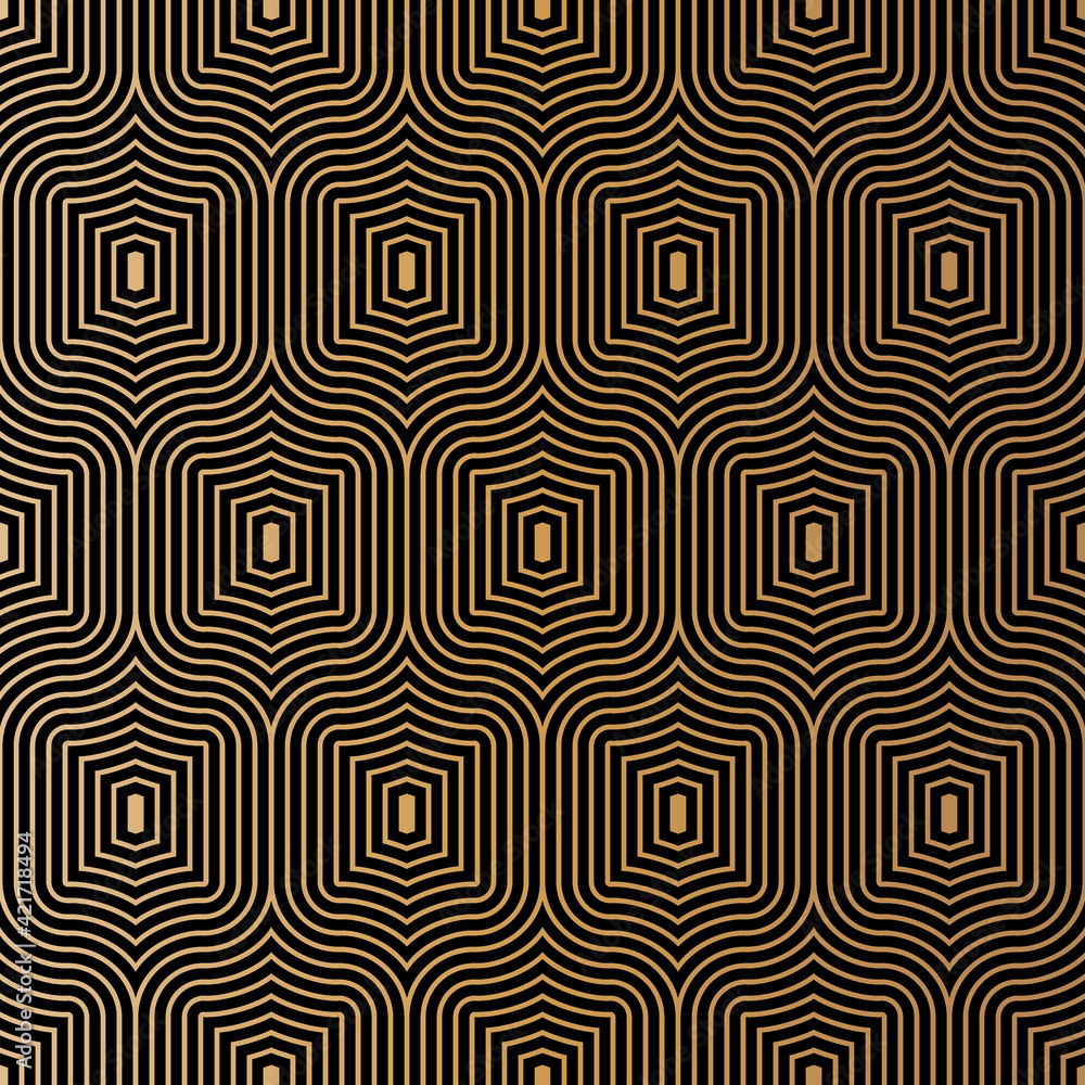 Aufkleber seamless of square filet pattern. design gridl tile gold on black background. design print for illus
