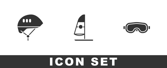 Set Bicycle helmet, Windsurfing and Ski goggles icon. Vector