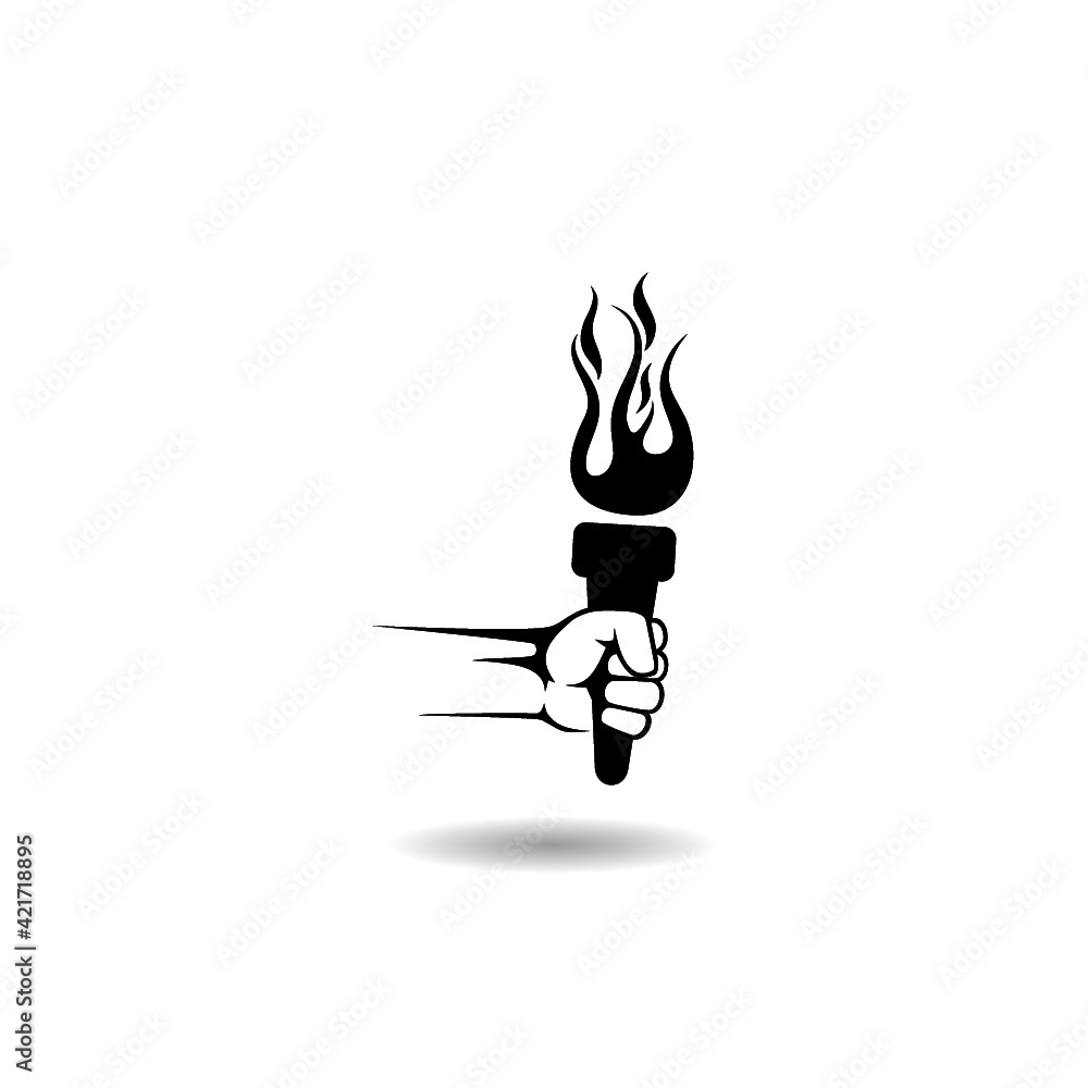 Poster hand with flaming torch icon with shadow