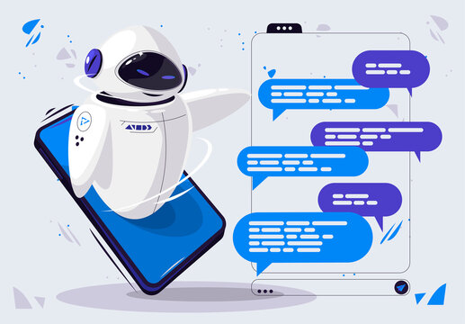 Vector illustration of a futuristic robot assistant of a mobile smartphone, shows chat with messages, show clouds for text