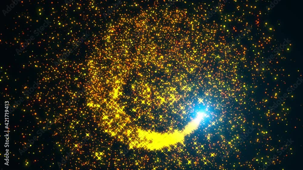Poster golden ring with stars and particles, computer generated. magical festive backdrop, 3d rendering