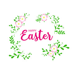 Postcard for Happy Easter on a white background in a frame of branches. Vector illustration of Happy Easter holiday with green twigs and flowers on a white background. Beautiful calligraphic font.
