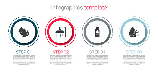 Set Water drop, Shower head, Bottle of water and Recycle clean aqua. Business infographic template. Vector