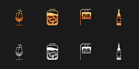 Set Cocktail, Pickled cucumbers in jar, Street signboard with Pub and Beer bottle icon. Vector