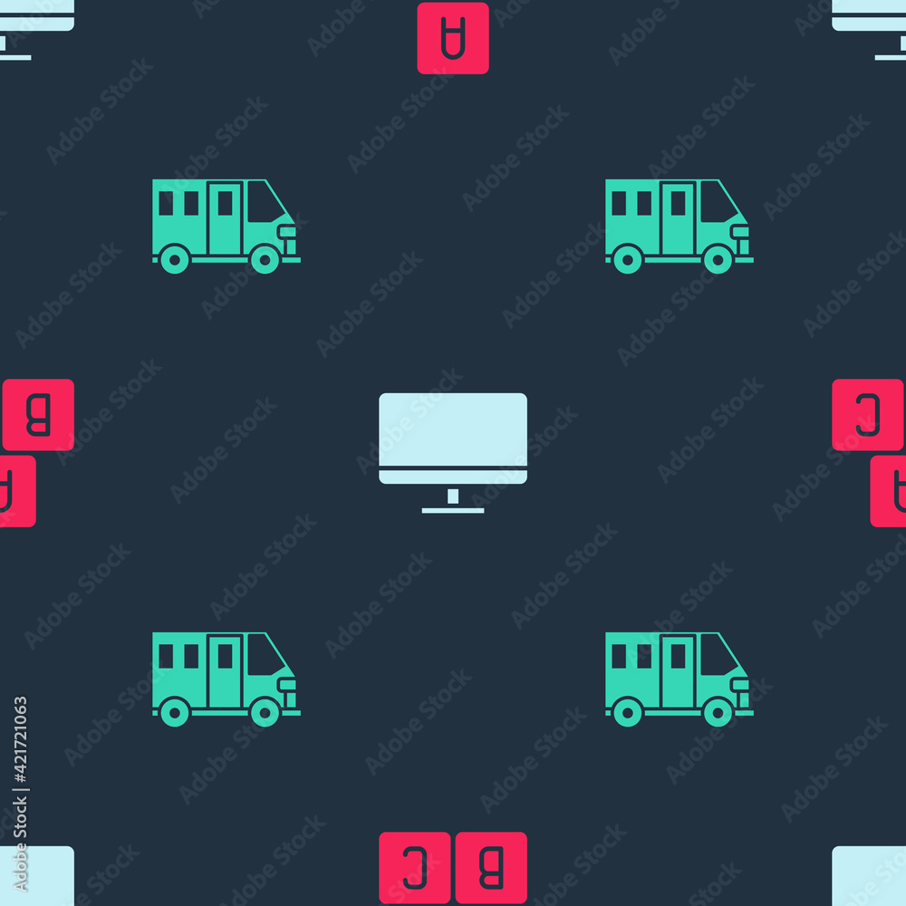 Aufkleber set abc blocks, computer monitor screen and school bus on seamless pattern. vector