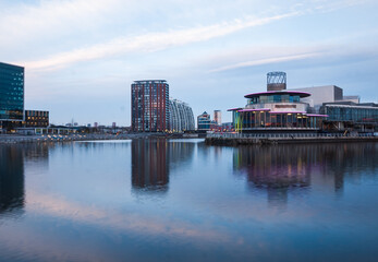 Naklejka premium Golden hour at Media city, Manchester, UK.