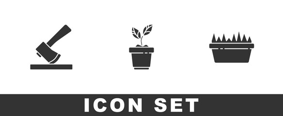 Set Wooden axe, Plant in pot and Fresh grass rectangular icon. Vector