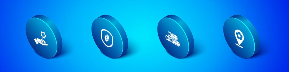 Set Isometric Hand holding flower, Wooden logs, Location with and Shield leaf icon. Vector