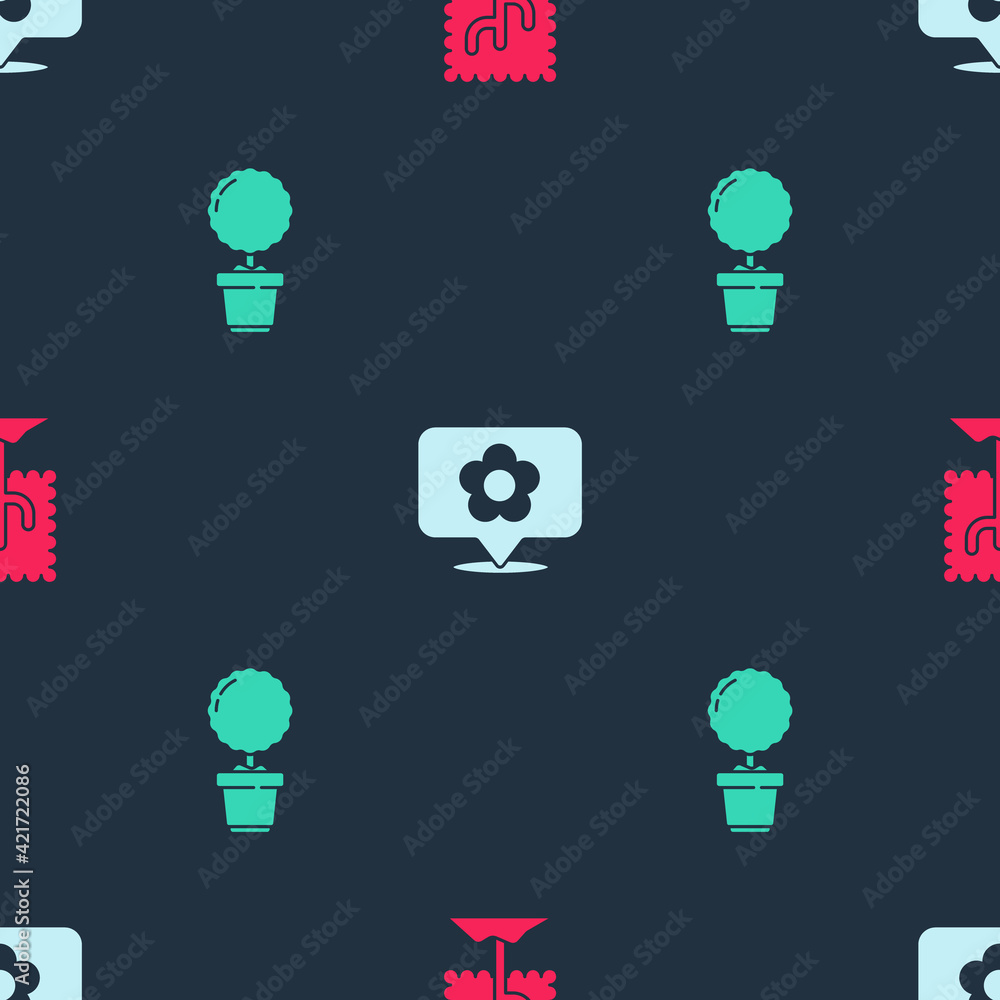 Poster set tree, location with flower and flower in pot on seamless pattern. vector