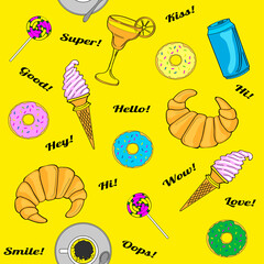 bright source with drinks and food on a yellow background and lettering. Stylish youth print. Hand drawn elements illustration. Cute overlays for blog photos. with funny inscriptions