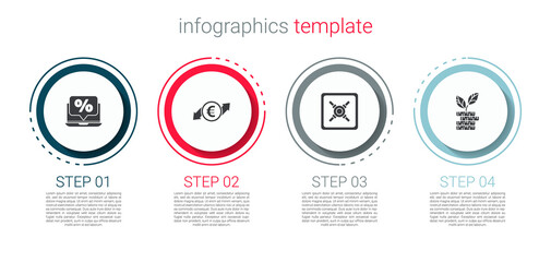 Fototapeta premium Set Percent discount and laptop, Financial growth euro coin, Safe and Dollar plant. Business infographic template. Vector