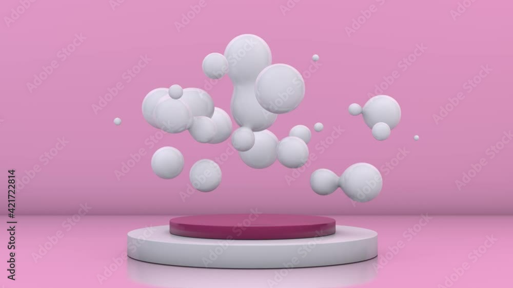 Poster loop abstract animation of white drops in zero gravity. liquid, cream in a pink studio. 3d compositi
