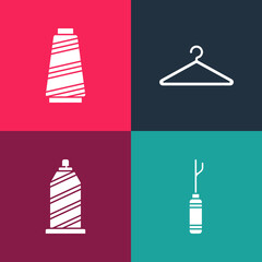 Set pop art Awl tool, Sewing thread, Hanger wardrobe and icon. Vector