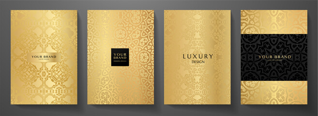 Luxury gold curve pattern cover design set. Elegant floral ornament on golden background. Premium vector collection for rich brochure, luxe invite, royal wedding template