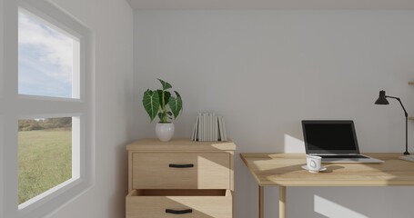 3d render interior room. minimal style design. working desk. home interior design. template for website, wallpaper, and mockup.