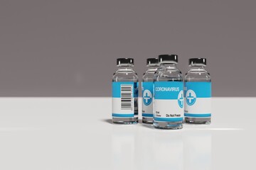 3D Renderig.Close up of small medical vials standing in a row and syringe. Filled with liquid medicine. Healthcare concepts like vaccination, flu shot, laboratory, medical research, or medical test.