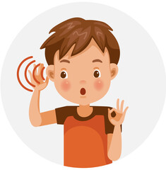 Listening boy. Kid make a hand symbol okay. Child boy holds hand near ear. Children listens carefully.