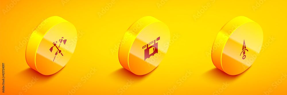 Poster set isometric crossed medieval axes, street signboard with bar and dagger icon. vector