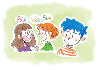 Child with blue hair feels excluded from others.
Shy child isolates himself. Cute drawing for an illustrated story.
Design for kids.