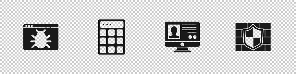 Set System bug, Password protection, Create account screen and Shield with brick wall icon. Vector