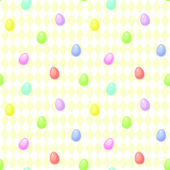 Colorful Easter eggs in pastel rainbow colors with a pale yellow diamond pattern background. Seamless repeating background. Vector illustration.