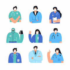 Collection of doctors and nurses wearing face mask isolated on white. Flat vector with female, male healthcare professionals. Hand drawn vector set of medicine workers with stethoscope and clipboard