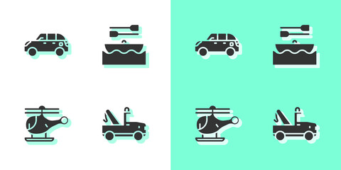 Set Tow truck, Hatchback car, Helicopter and Boat with oars icon. Vector
