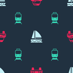 Set Police car and flasher, Yacht sailboat and Train railway on seamless pattern. Vector