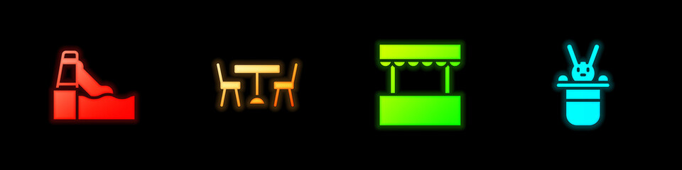 Set Water slide, Picnic table with chairs, Ticket box office and Magician hat and rabbit icon. Vector