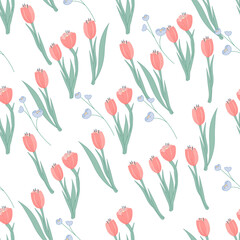 Seamless cute pattern with tulips  and forget-me-nots flowers, flat vector illustration on white. Decorative endless ornament or textile print with spring tulips flowers.