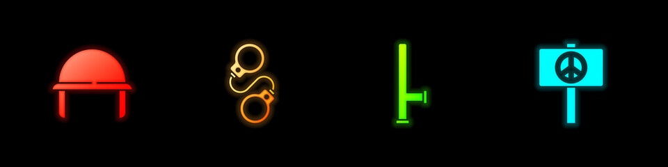 Set Military helmet, Handcuffs, Police rubber baton and Peace icon. Vector