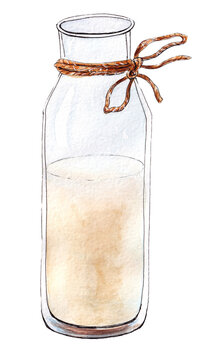 Hand drawn watercolor glass bottle of vegetable milk