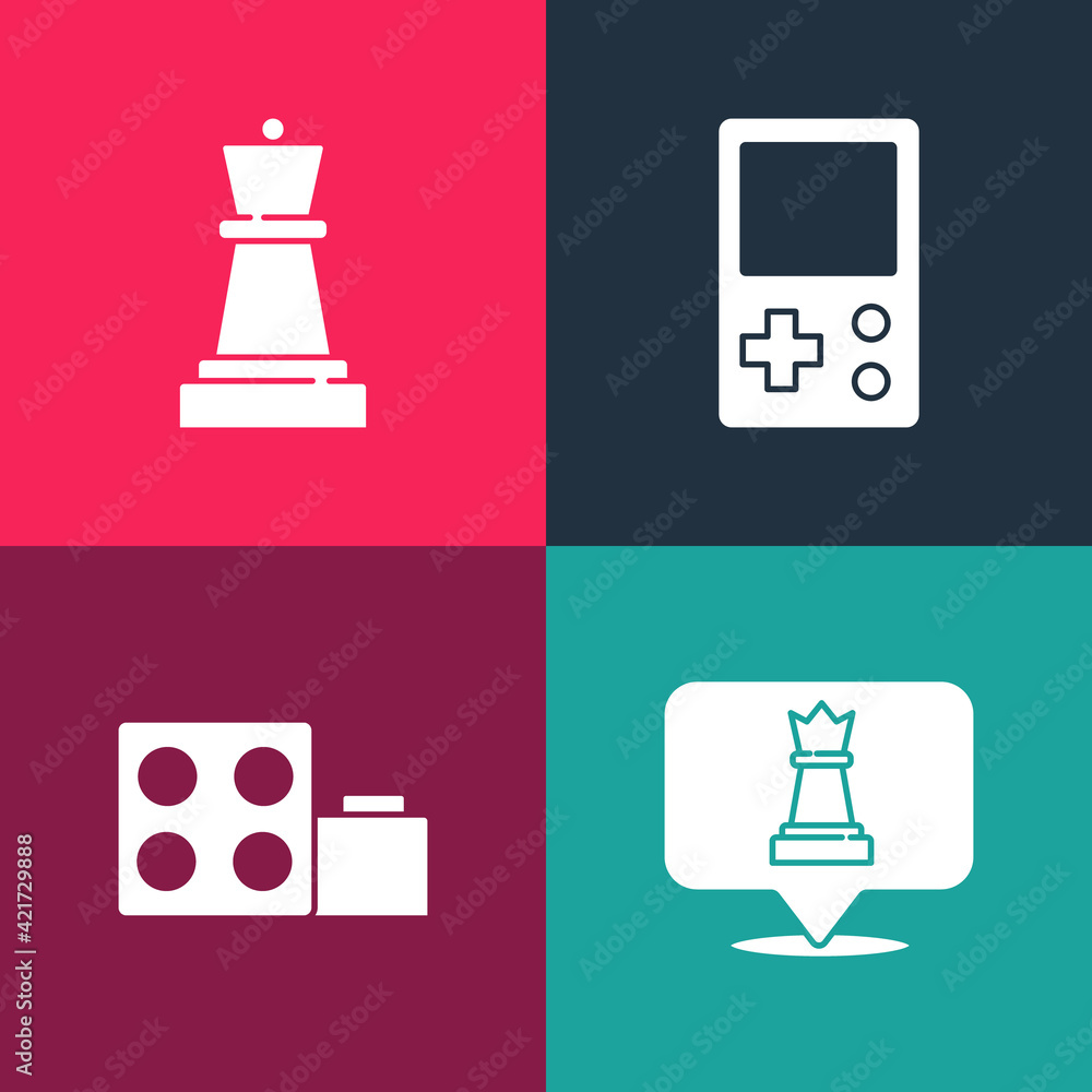 Poster set pop art chess, toy building block bricks, tetris and icon. vector
