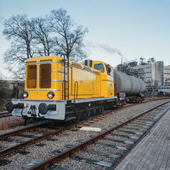 Fototapeta na wymiar Locomotive with . Diesel. Train. Industrial area. Akzo Nobel Emmen Netherlands.