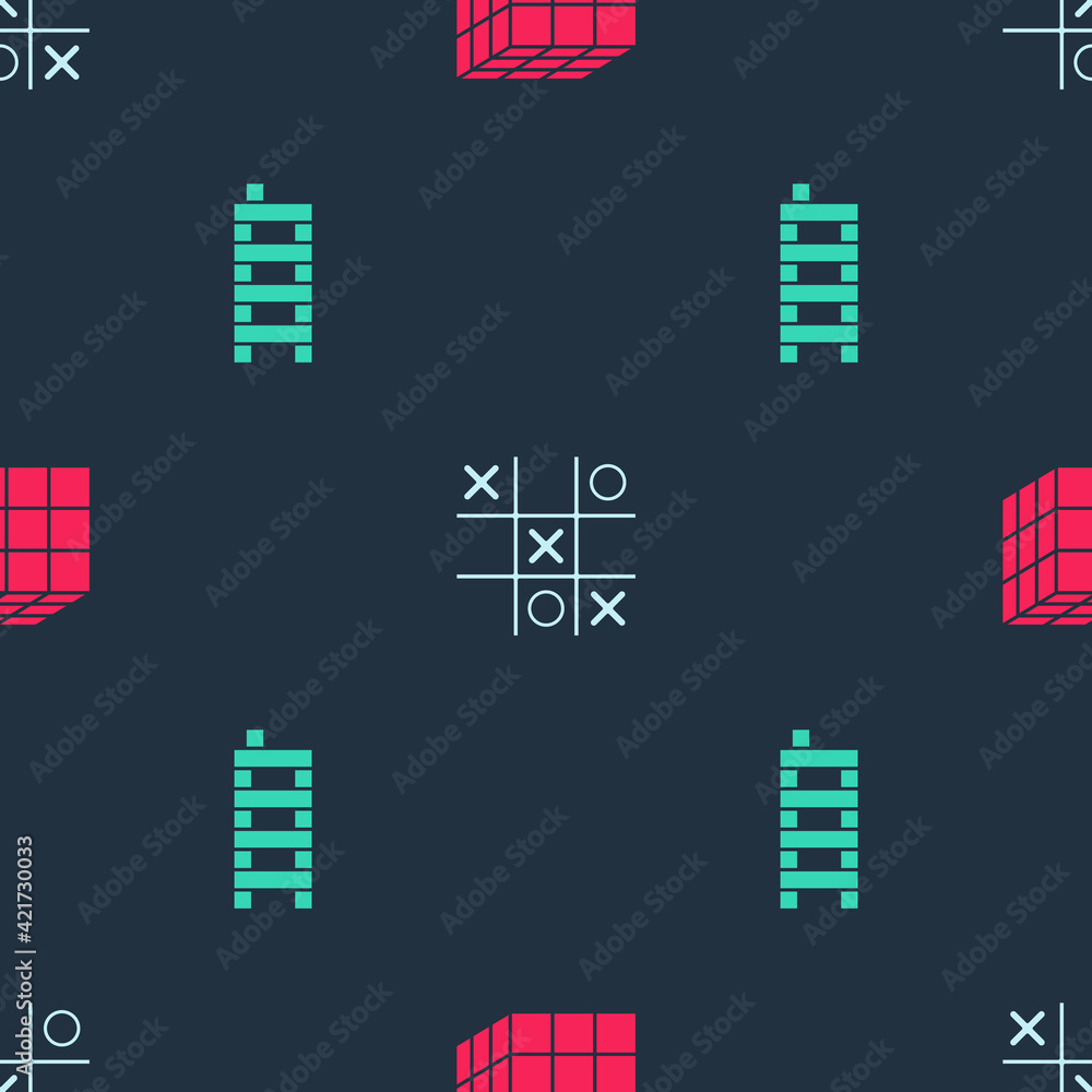 Poster set rubik cube, tic tac toe game and mahjong pieces on seamless pattern. vector