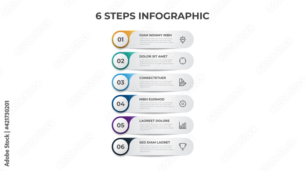 Poster colorful list diagram with 6 points of steps, infographic element template vector.