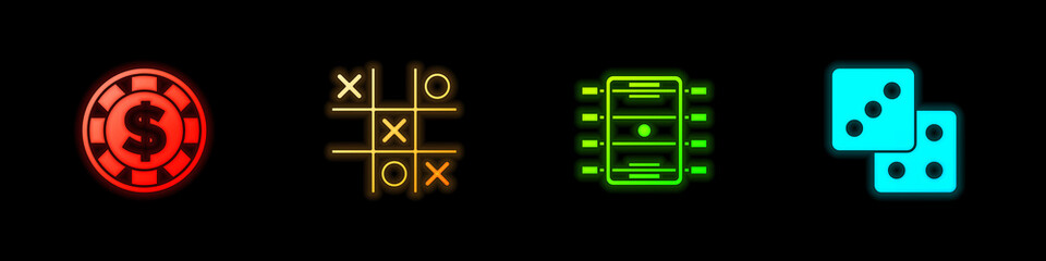 Set Casino chip with dollar, Tic tac toe game, Hockey table and Game dice icon. Vector