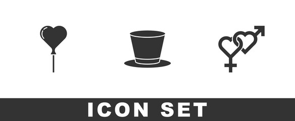 Set Balloons in form of heart, Cylinder hat and Gender icon. Vector