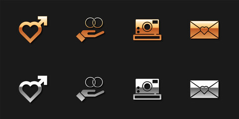 Set Heart with male gender, Wedding rings, Photo camera and Envelope Valentine heart icon. Vector