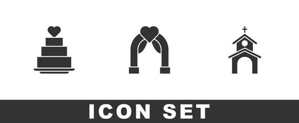 Set Wedding cake with heart, arch and Church building icon. Vector