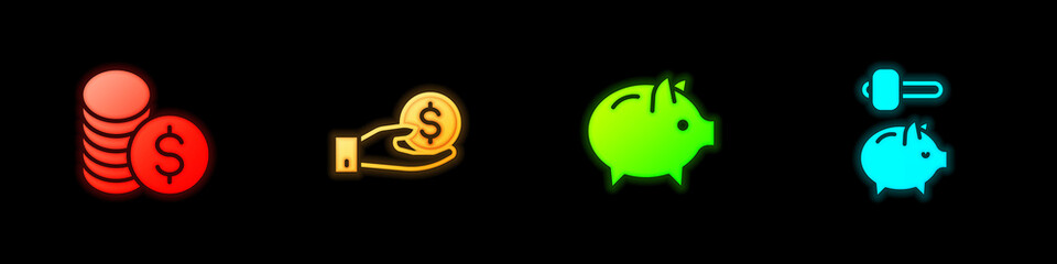 Set Coin money with dollar, Hand giving, Piggy bank and hammer icon. Vector