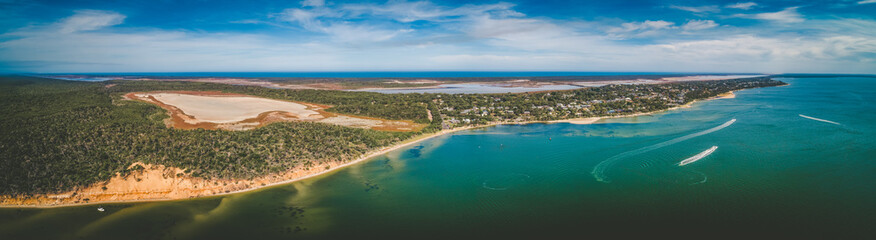 Fototapeta premium Pelican Bay in Gippsland, Australia - wide aerial panoramic landscape
