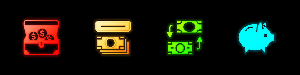 Set Treasure chest, ATM and money, Money exchange and Piggy bank icon. Vector