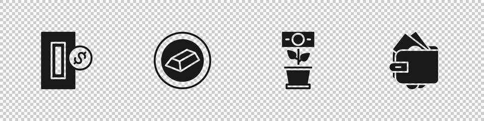 Set Inserting coin, Gold bars, Money plant the pot and Wallet with money icon. Vector