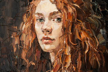 Art painting. Fragment of portrait of a girl with brown hair is made in a classic style. .