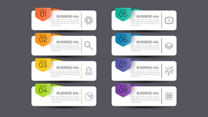 Modern infographics business design with 8 option concepts, parts, steps or processes can be used for workflow layout, diagram, number options, web design. infographic element.
