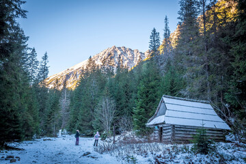 Obraz na płótnie Canvas Tourists on a hiking trail in High Tatra Mountains, Poland. An old wooden pasture hut is still standing in the forest. Selective focus on the people, blurred background.